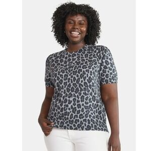 Terra & Sky Grey Leopard Ribbed Knit Short Sleeve Sweater 4X (24W–26W) NWT‎
